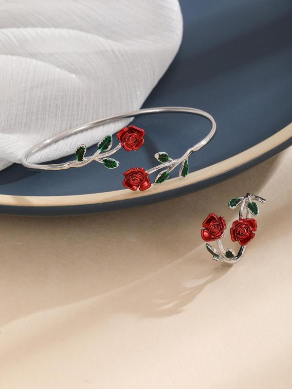 Flower Decorated Drop Oil Jewelry Set, Including Ring & Cuff Bracelet, Fashion Accessories for Women