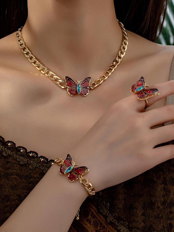 Women's Elegant Butterfly Design Jewelry Set, Exquisite Trendy Pendant Necklace & Ring & Bracelet, Chic Vintage Jewelry Set for Party & Daily Decor