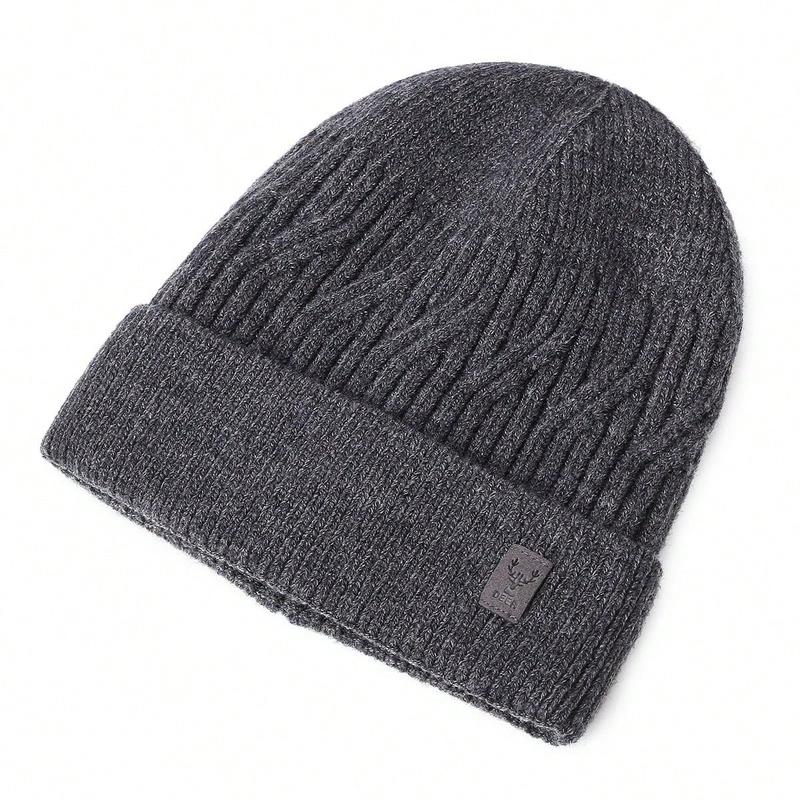 1pc Men's Plain Label Knitted Thickened Warm Beanie Hat, Windproof Casual Street Style Outdoor Sports Hat For Autumn Winter