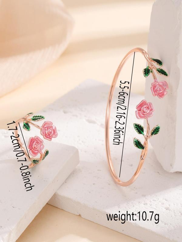 Flower Decorated Drop Oil Jewelry Set, Including Ring & Cuff Bracelet, Fashion Accessories for Women