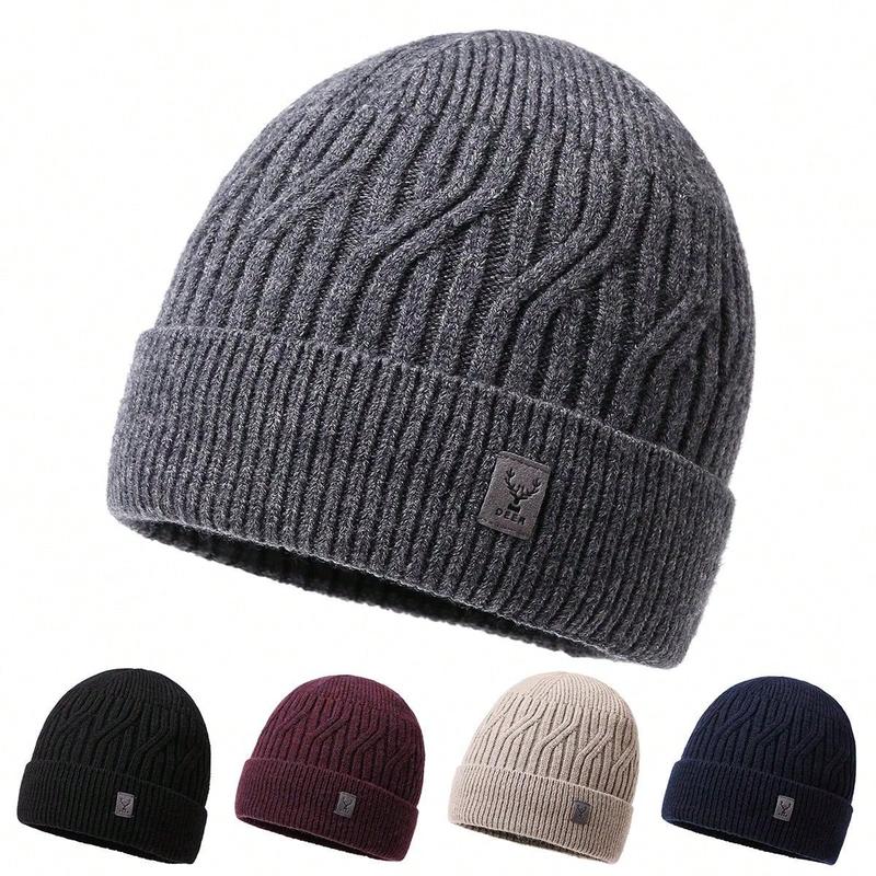 1pc Men's Plain Label Knitted Thickened Warm Beanie Hat, Windproof Casual Street Style Outdoor Sports Hat For Autumn Winter