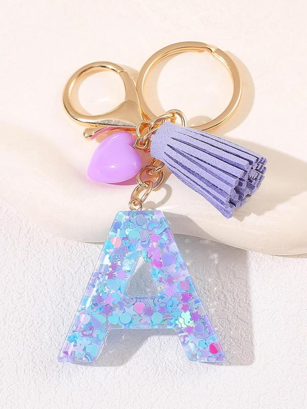 Initials Letter Keychain, Cute Heart Tassel Decor Resin Charm with Key Ring, Fashion Accessories for Women & Girls, Unique Gift Idea for Friends and Family