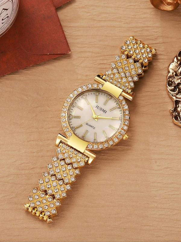 Women's Elegant Rhinestone Decorated Quartz Watch, Fashionable Round Dial Analog Wristwatch, Trendy Watch As Gift without Box for Women