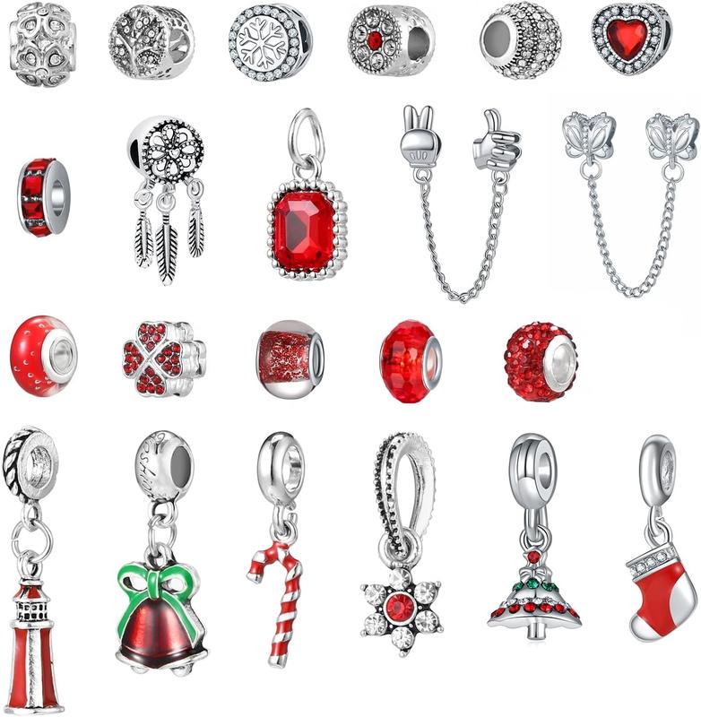 Naler Christmas Jewelry Advent Calendar 2024 Christmas Countdown Calendar Jewelry Charms Making Kit for Women - Includes 22 Charms, 1 Necklace, 1 Bracelet, Silver Red