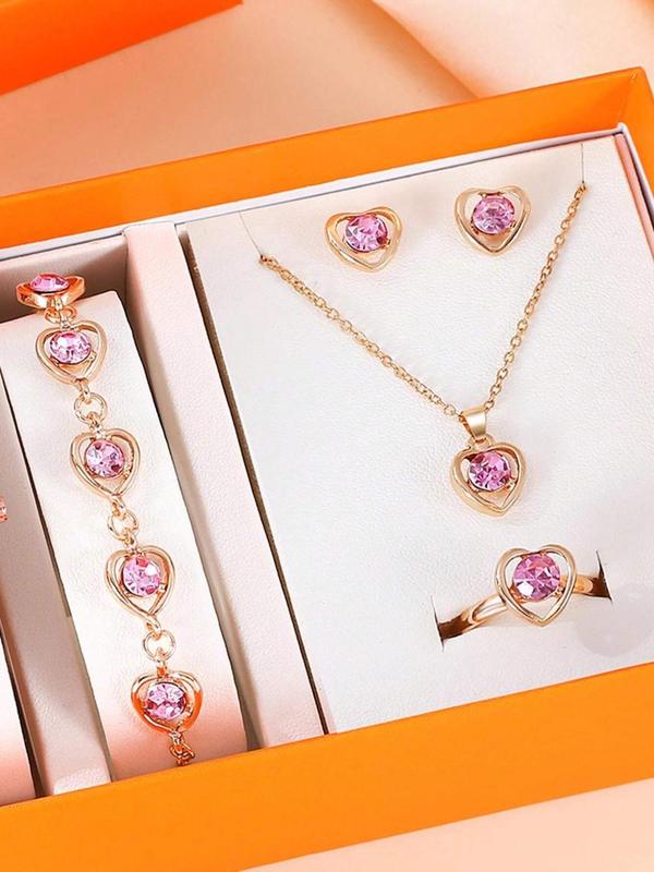 Women's Elegant Heart Jewelry Set, Rhinestone Necklaces & Bracelets & Earrings & Rings, Fashion Jewelry Set for Party & Daily Decor, Perfect for Gift