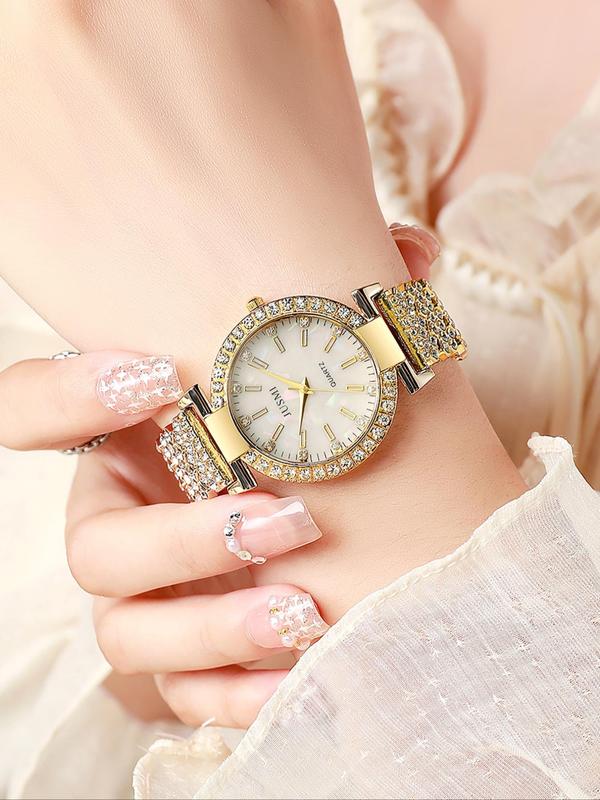 Women's Elegant Rhinestone Decorated Quartz Watch, Fashionable Round Dial Analog Wristwatch, Trendy Watch As Gift without Box for Women