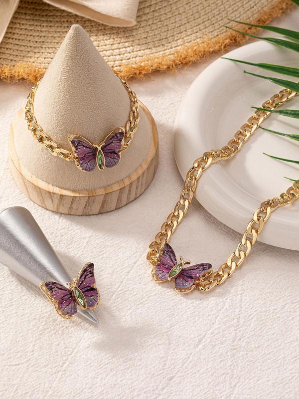 Women's Elegant Butterfly Design Jewelry Set, Exquisite Trendy Pendant Necklace & Ring & Bracelet, Chic Vintage Jewelry Set for Party & Daily Decor