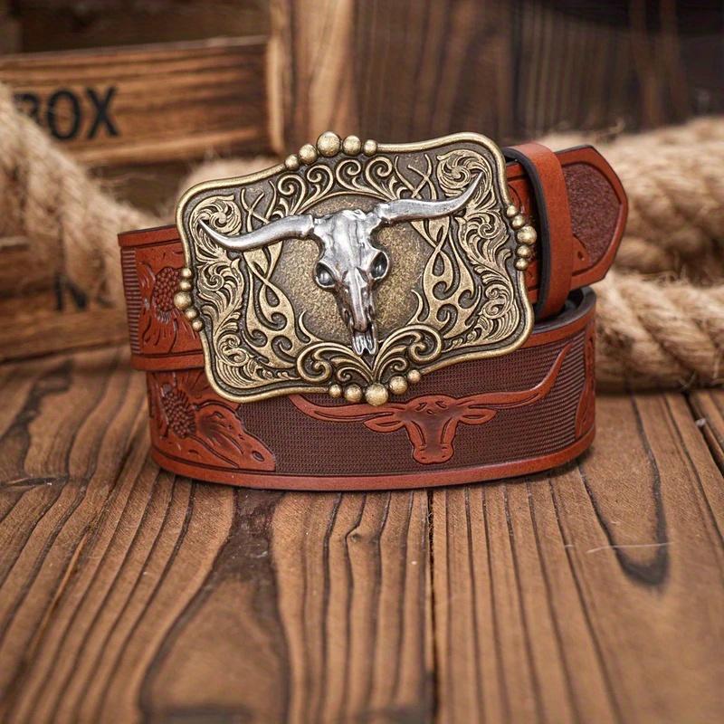 Men & Women-Western-Cowboy-PU Leather-Belts - Vintage horse Belt Floral Engraved Buckle Belt for Jeans