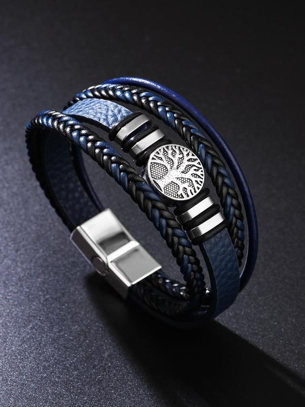 Men's Punk Style Tree of Life Design Pu Leather Braided Bangle,  Fashionable Multilayer Bangle for Daily Decoration, Minimalist Aesthetic Jewelry