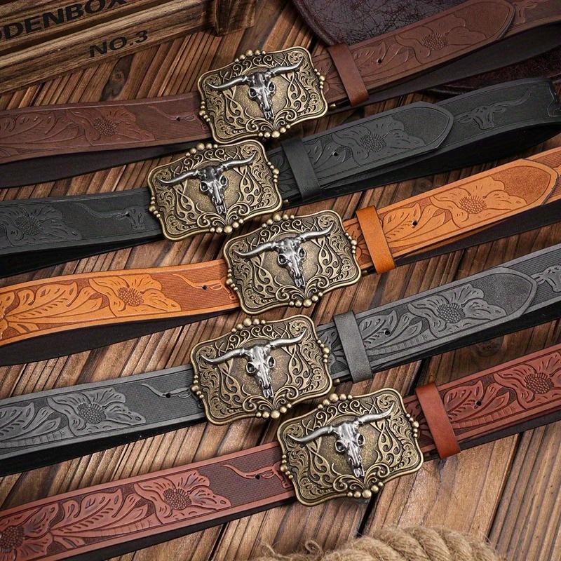 Men & Women-Western-Cowboy-PU Leather-Belts - Vintage horse Belt Floral Engraved Buckle Belt for Jeans