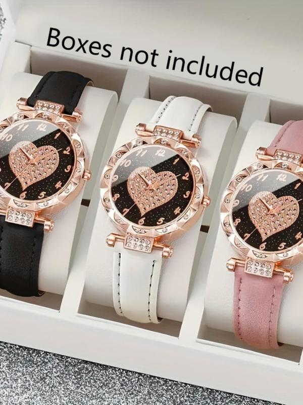 Women's Elegant Rhinestone Heart Decor Quartz Watch Set, Fashionable Round Dial Analog Watch for Women & Girls, Trendy All-match Watch for Birthday Gift, without Box