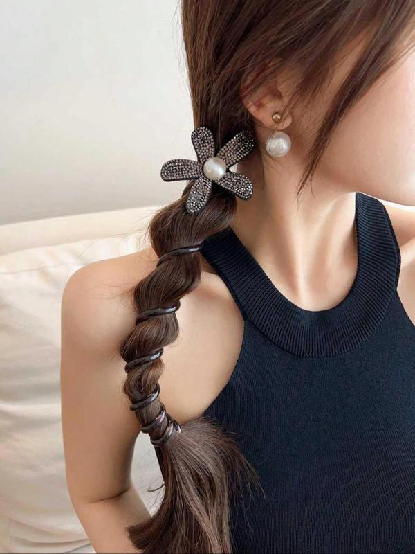 Faux Pearl & Rhinestone Decorated Hair Tie, Elegant Flower Design Hair Tie for Women & Girls, Fashion Hair Accessories for Daily Wear