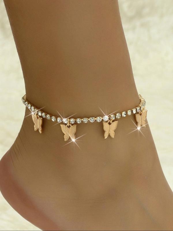 Women's Elegant Butterfly Design Anklet, Fashion Glamorous Rhinestone Anklet for Women & Gift, Casual Vacation Beach Jewelry Accessories, Holiday Gifts for Friends