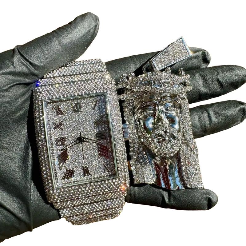 Iced Bling Out Heavy Luxury Men Hip Hop Rhinestone Watch and Jesus Head Religious Big Pendant