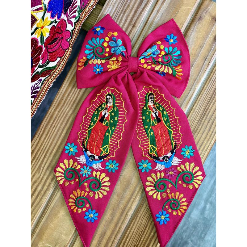 Virgen Mexican Bordado Bow Clips Long