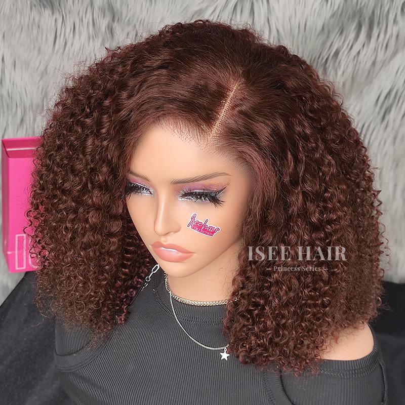 ISEE Wear Go Kinky Curly Reddish Brown Color Human Hair Glueless 6*4 Lace Closure Wig