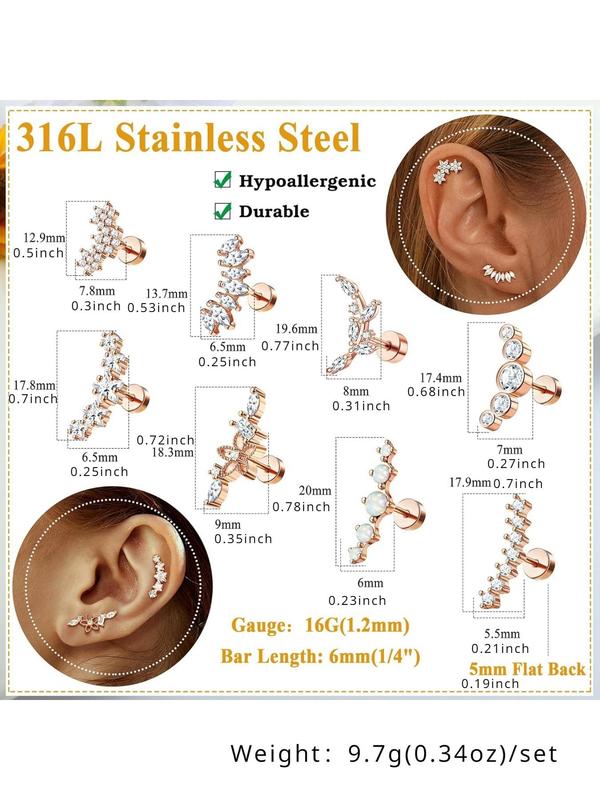 Fashionable Cartilage Earrings Set, Cute Glittering  Stud Earrings for Women & Girls, Trendy All-match & Exquisite Jewelry for Birthday Gift