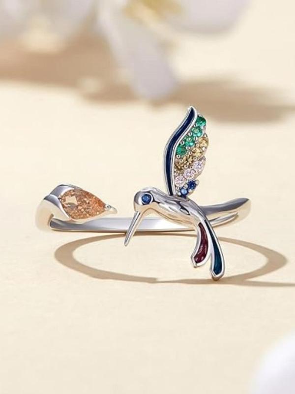 Women's Elegant Rhinestone Decorated Hummingbird Cuff Ring,  Exquisite Open Bypass Ring, Chic Gorgeous Engagement Ring As Gift for Girlfriend