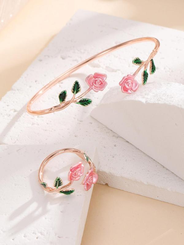 Flower Decorated Drop Oil Jewelry Set, Including Ring & Cuff Bracelet, Fashion Accessories for Women