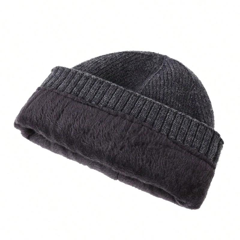 1pc Men's Plain Label Knitted Thickened Warm Beanie Hat, Windproof Casual Street Style Outdoor Sports Hat For Autumn Winter