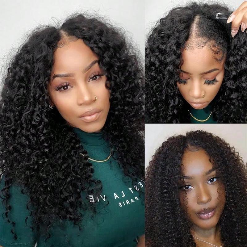 Curly V Part Wig Human Hair No Leave Out Upgrade U Part Human Hair Wigs For Black Women Kinky Curly Glueless None Lace Front Wigs With Real Scalp Brazilian Virgin V Shape No Sew In No Glue Clip In Half Human Hair Wig Beginner Friendly Natural Color