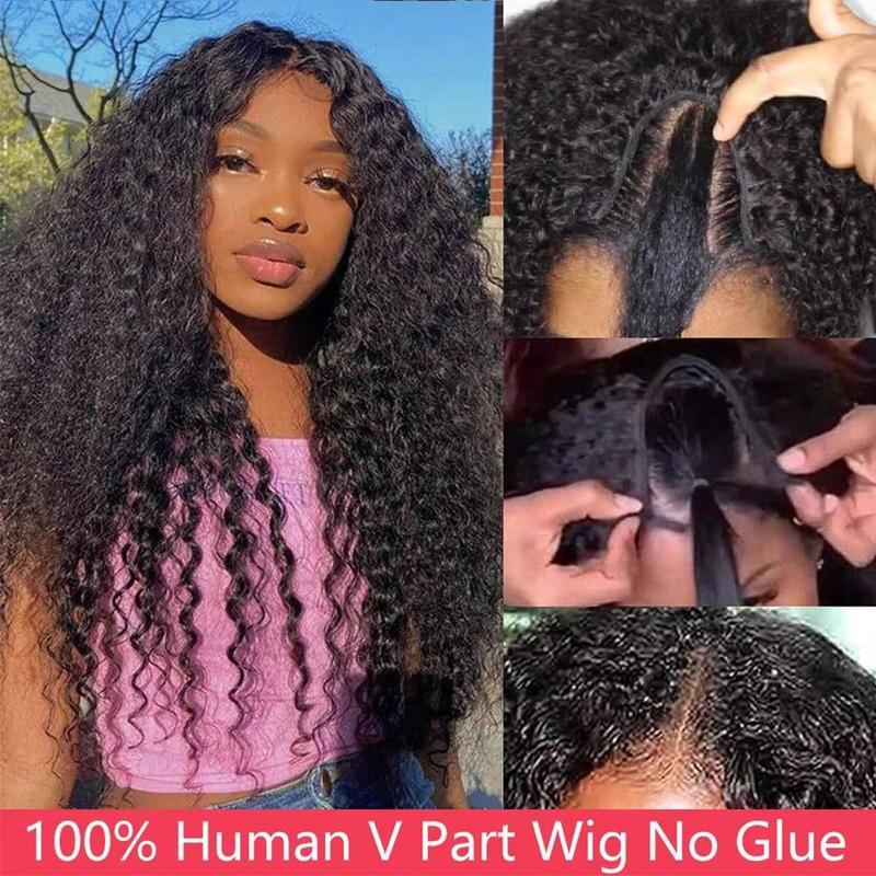 Curly V Part Wig Human Hair No Leave Out Upgrade U Part Human Hair Wigs For Black Women Kinky Curly Glueless None Lace Front Wigs With Real Scalp Brazilian Virgin V Shape No Sew In No Glue Clip In Half Human Hair Wig Beginner Friendly Natural Color