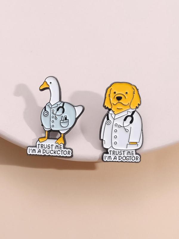 Cute Cartoon Duck & Dog Doctor Design Brooch (2pcs), Fashion Brooch for Party, Daily Clothing Decor, Enamel Pin for Men & Women