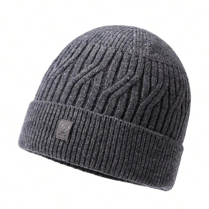 1pc Men's Plain Label Knitted Thickened Warm Beanie Hat, Windproof Casual Street Style Outdoor Sports Hat For Autumn Winter