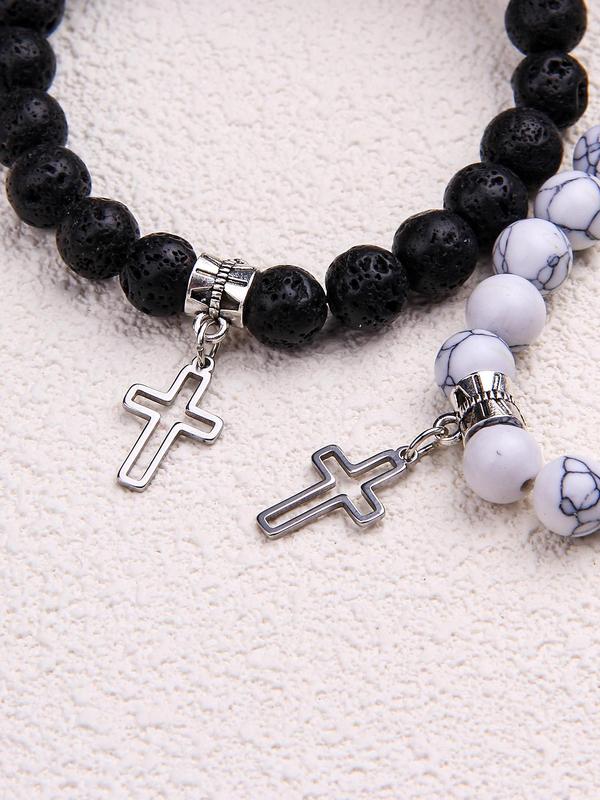 Fashion Stone Beaded Bracelet, Casual Cross Pendant Bracelet for Women & Men, Trendy All-match & Exquisite Jewelry for Birthday Gift