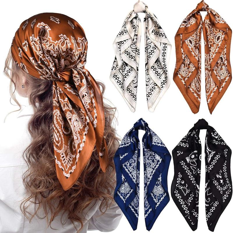 4 Pack  27'' Square Satin Head Scarves Satin Bandanas for Women Satin Headband Scarves  Feeling Scarf Boho Headwear