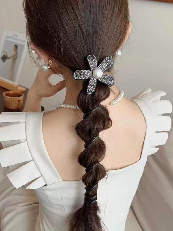 Faux Pearl & Rhinestone Decorated Hair Tie, Elegant Flower Design Hair Tie for Women & Girls, Fashion Hair Accessories for Daily Wear