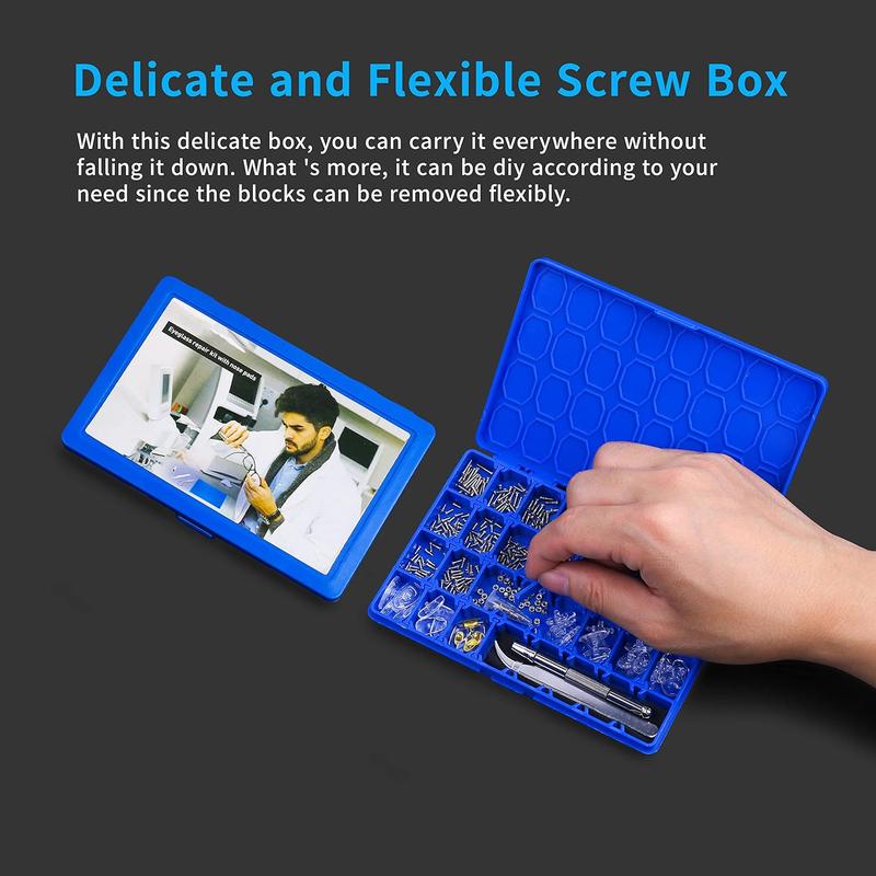 Upgrade Version Eye Glass Repairing Kit, Eyeglass Tool Kit with Compact Screw Box Include Nose Pads