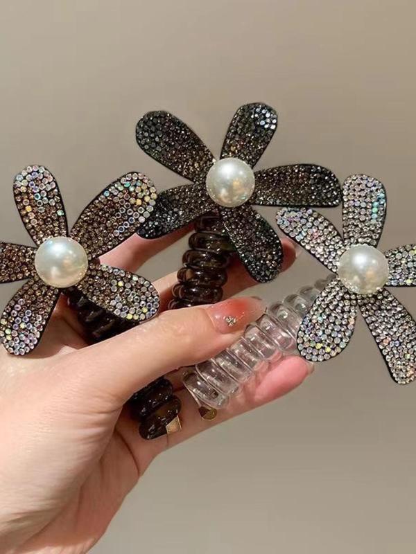 Faux Pearl & Rhinestone Decorated Hair Tie, Elegant Flower Design Hair Tie for Women & Girls, Fashion Hair Accessories for Daily Wear