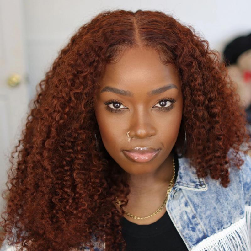 ISEE Wear Go Kinky Curly Reddish Brown Color Human Hair Glueless 6*4 Lace Closure Wig