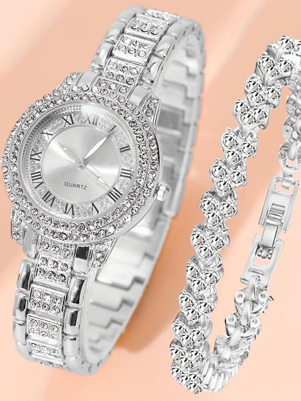 Women's Elegant Fashion Watch & Rhinestones Decor Bracelet Set, Fashion Round Dial Watch & Bracelet Set for Party, Daily Decor, Trendy All-match & Exquisite Watch Set for Birthday Gift, without Box