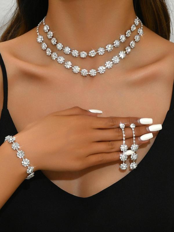 Women's Elegant Rhinestone Decorated Necklace & Earrings & Bracelet, Exquisite Trendy Jewelry Set, Fashionable Accessories for Party & Daily Clothing Decor