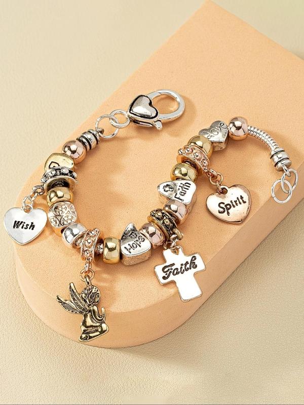 Angel & Cross & Heart Charm Bracelet, Fashion Letter Design Bracelet for Women & Girls, Retro Fashion Jewelry for Party, Daily Clothing Decor, Trendy All-match & Exquisite Jewelry for Birthday Gift