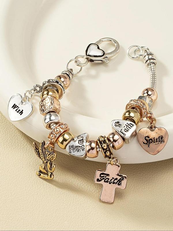 Angel & Cross & Heart Charm Bracelet, Fashion Letter Design Bracelet for Women & Girls, Retro Fashion Jewelry for Party, Daily Clothing Decor, Trendy All-match & Exquisite Jewelry for Birthday Gift