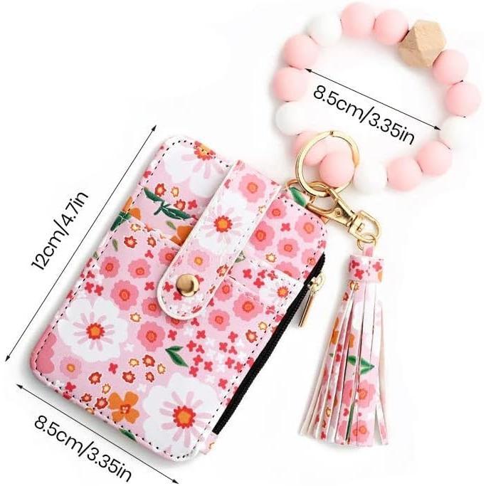 Women's Boho Style Beaded & Tassel Decorated Keychain with Flower Pattern Wallet, Cute Fall Trendy Keychain, Chic Gorgeous Keychain for Key & Bag Decor, Fall Outfits, Fall Freshness