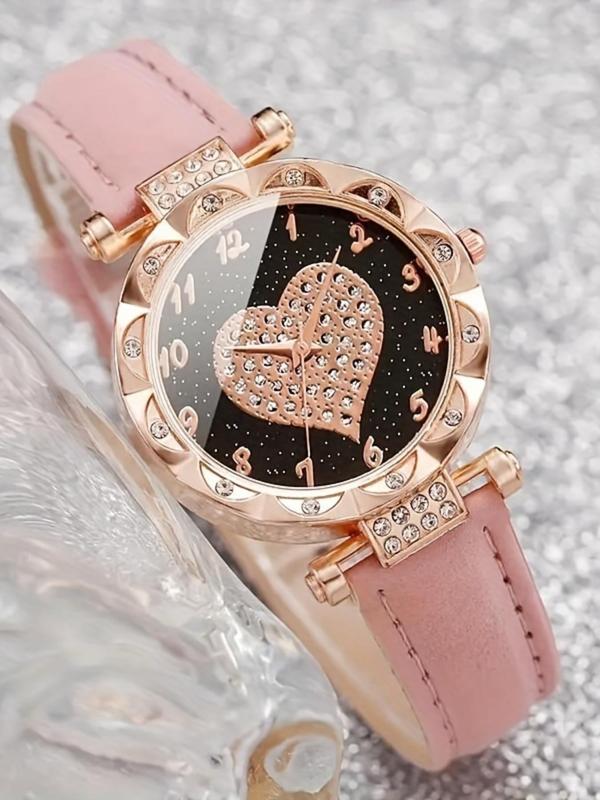 Women's Elegant Rhinestone Heart Decor Quartz Watch Set, Fashionable Round Dial Analog Watch for Women & Girls, Trendy All-match Watch for Birthday Gift, without Box