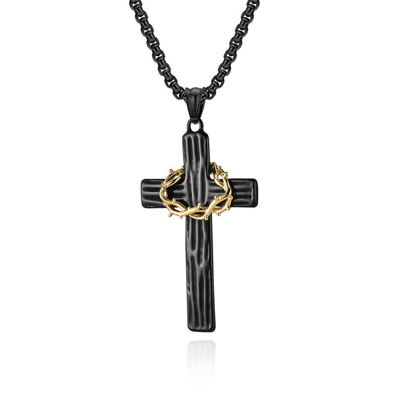 Retro titanium steel wreath cross necklace two-tone wood grain stainless steel prayer pendant literary cold jewelry Titanium Steel