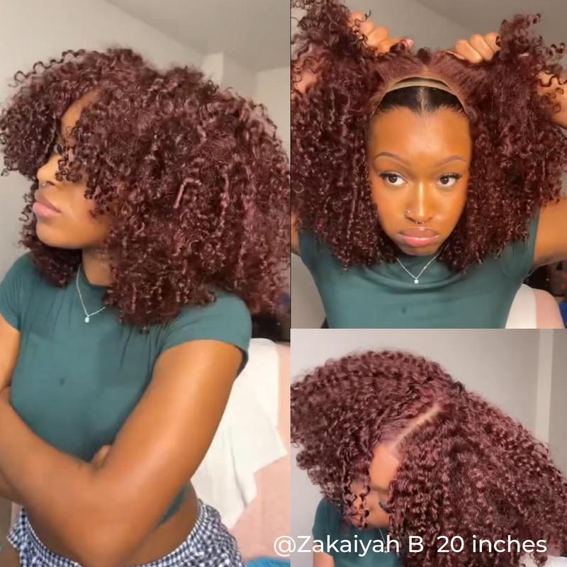 ISEE Wear Go Kinky Curly Reddish Brown Color Human Hair Glueless 6*4 Lace Closure Wig