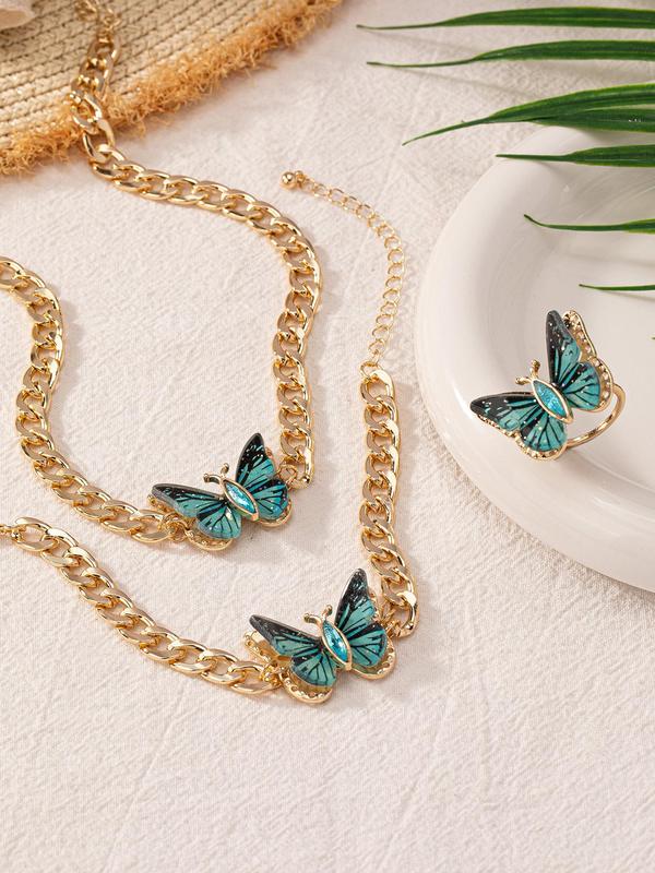 Women's Elegant Butterfly Design Jewelry Set, Exquisite Trendy Pendant Necklace & Ring & Bracelet, Chic Vintage Jewelry Set for Party & Daily Decor