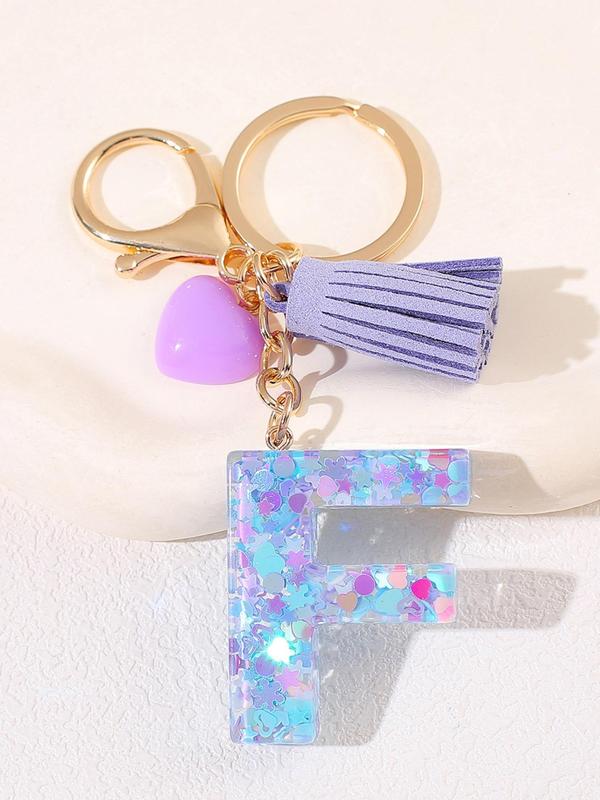 Initials Letter Keychain, Cute Heart Tassel Decor Resin Charm with Key Ring, Fashion Accessories for Women & Girls, Unique Gift Idea for Friends and Family