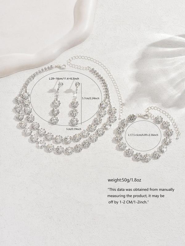 Women's Elegant Rhinestone Decorated Necklace & Earrings & Bracelet, Exquisite Trendy Jewelry Set, Fashionable Accessories for Party & Daily Clothing Decor