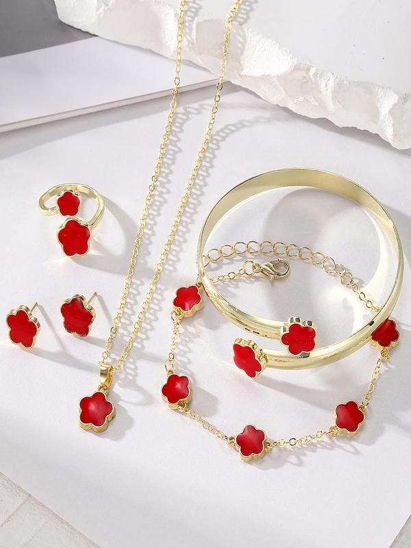 Flower Design Jewelry Set, Elegant Necklace & Ring & Bracelet & Earrings & Bangle Bracelet, Fashion Jewelry for Party, Daily Decor, Trendy All-match & Exquisite Jewelry for Birthday Gift