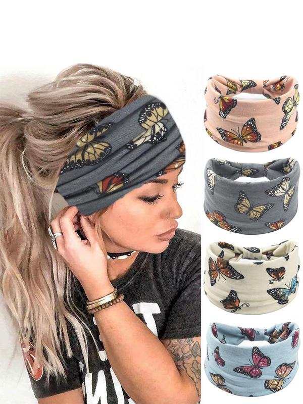 Butterfly & Floral Print Knot Design Sports Hair Band, 4pcs set Wide Band Hair Band, Sports Hair Accessories for Women & Girls