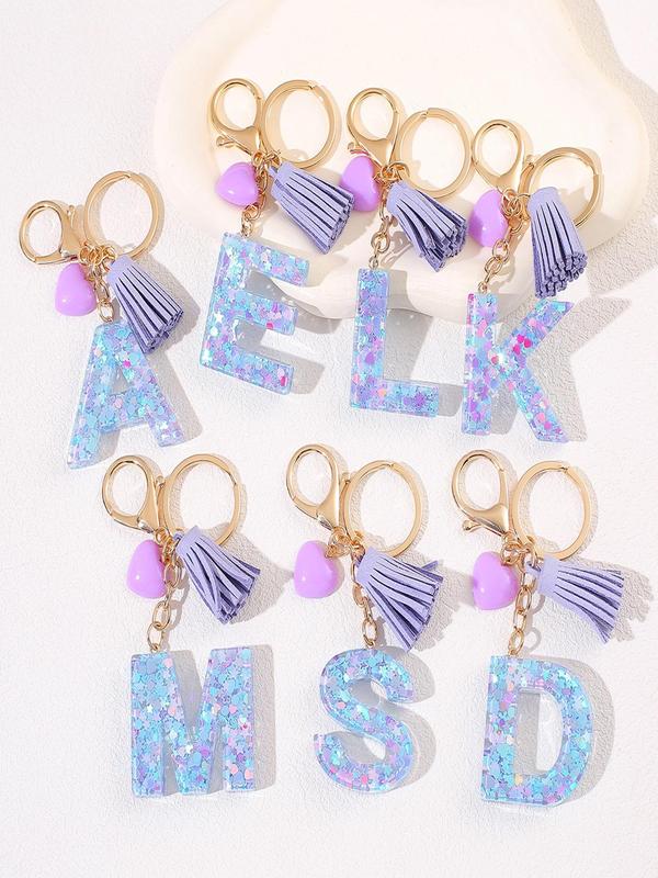 Initials Letter Keychain, Cute Heart Tassel Decor Resin Charm with Key Ring, Fashion Accessories for Women & Girls, Unique Gift Idea for Friends and Family