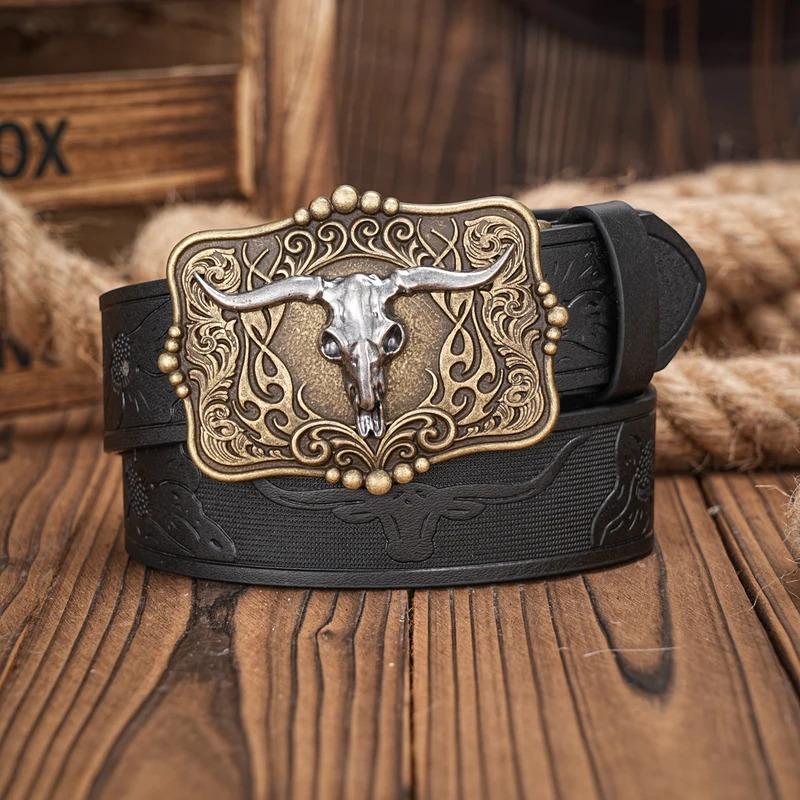 Men & Women-Western-Cowboy-PU Leather-Belts - Vintage horse Belt Floral Engraved Buckle Belt for Jeans