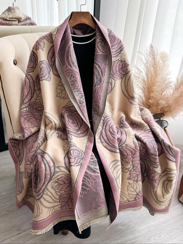 Floral Pattern Fringe Design Shawl, Casual Soft Warm Double Sided Scarf for Fall & Winter, Fashion Accessories for Women & Men